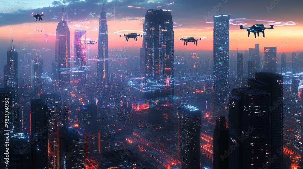 Futuristic Cityscape with Drones at Sunset Futuristic Cityscape with Drones at Sunset
