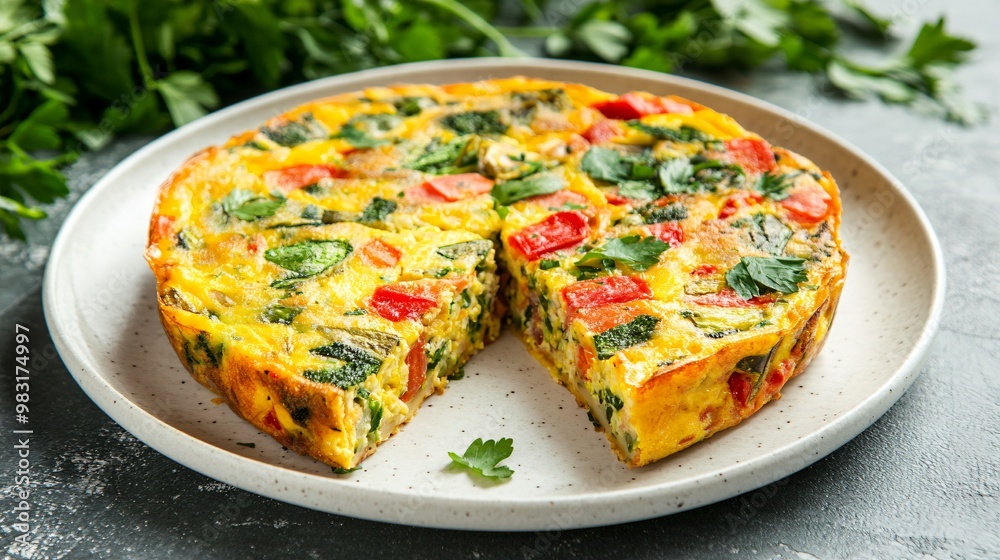 Egg and vegetable frittata, sliced into wedges, isolated on a white ceramic plate with a vibrant green herb background Egg and vegetable frittata, sliced into wedges, isolated on a white ceramic plate with a vibrant green herb background