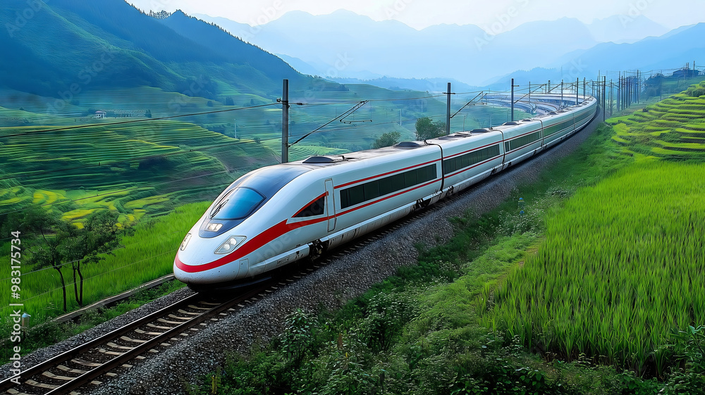 Fototapeta premium A sleek modern train glides through lush green landscapes on a sunny day, showcasing the harmony of technology and nature