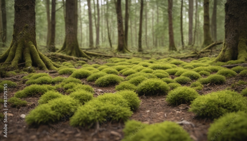 Fototapeta premium A serene forest landscape depicting lush green moss covering rocks and the forest floor in early morning light