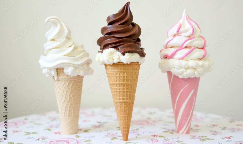 A delightful trio of soft serve ice cream cones showcasing classic flavors in a charming presentation, perfect for dessert menus, promotional materials, or food blogs. A delightful trio of soft serve ice cream cones showcasing classic flavors in a charming presentation, perfect for dessert menus, promotional materials, or food blogs.
