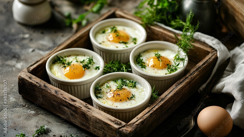 Eggs en cocotte with cream and herbs, baked in small ramekins, isolated on a vintage wooden tray Eggs en cocotte with cream and herbs, baked in small ramekins, isolated on a vintage wooden tray