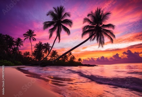 tropical paradise featuring breathtaking sunset views over lush palm trees colorful skies serene coastal setting, beach, vibrant, colors, ocean, horizon