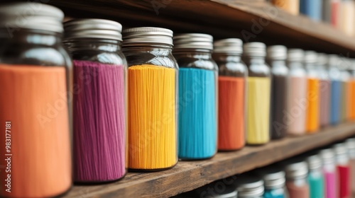 This image features wooden shelves holding a variety of glass jars filled with colorful crafting supplies such as threads and beads, arranged neatly in a vibrant, creative setting.