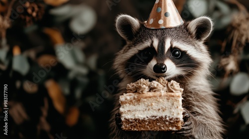 An adorable raccoon wearing a party hat poses with a slice of creamy cake featuring ornate frosting, set against a backdrop of autumn leaves in a cozy, woodland environment. photo