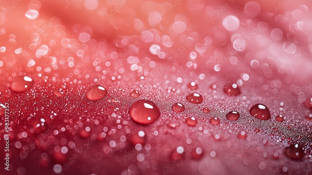 A tight shot of water droplets against a red and pink backdrop, the colors softly blurred A tight shot of water droplets against a red and pink backdrop, the colors softly blurred