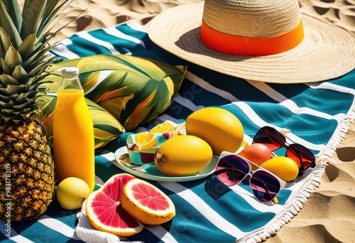 essential tropical beach items neatly arranged sunny towel vibrant colors textures relaxing day paradise, summer, relaxation, sand, accessories, sunscreen photo