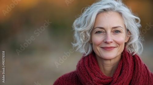 A graceful woman with gray hair smiles warmly while wearing a red knitted scarf, conveying wisdom and tranquility in an autumnal setting filled with charm.