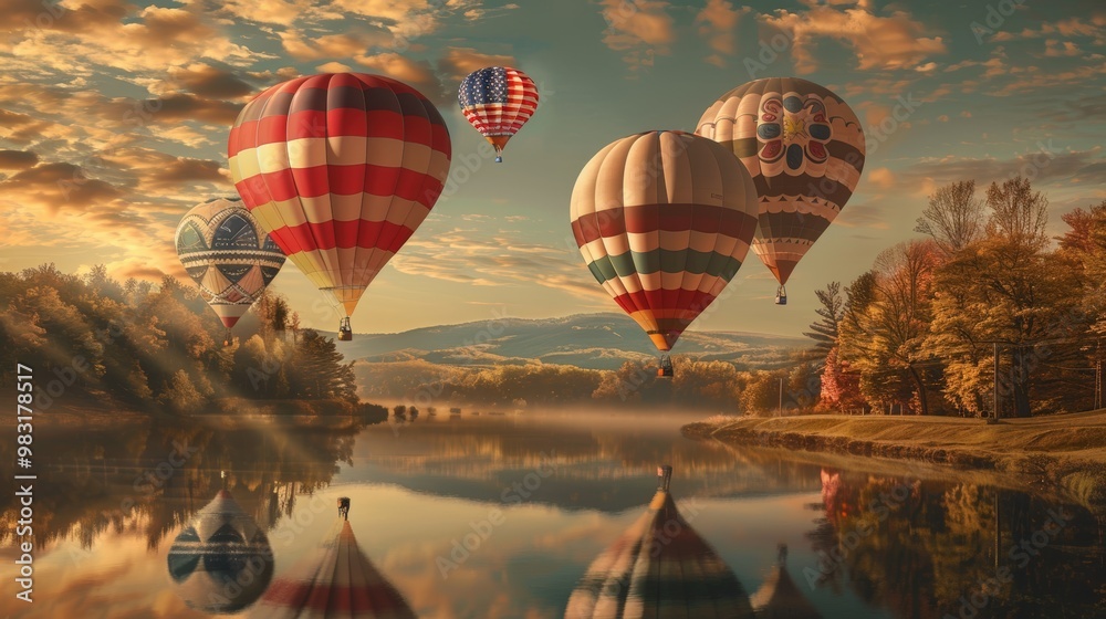 Fototapeta premium Patriotic Hot Air Balloons Soaring Over Scenic Autumn Landscape - Columbus Day Celebration