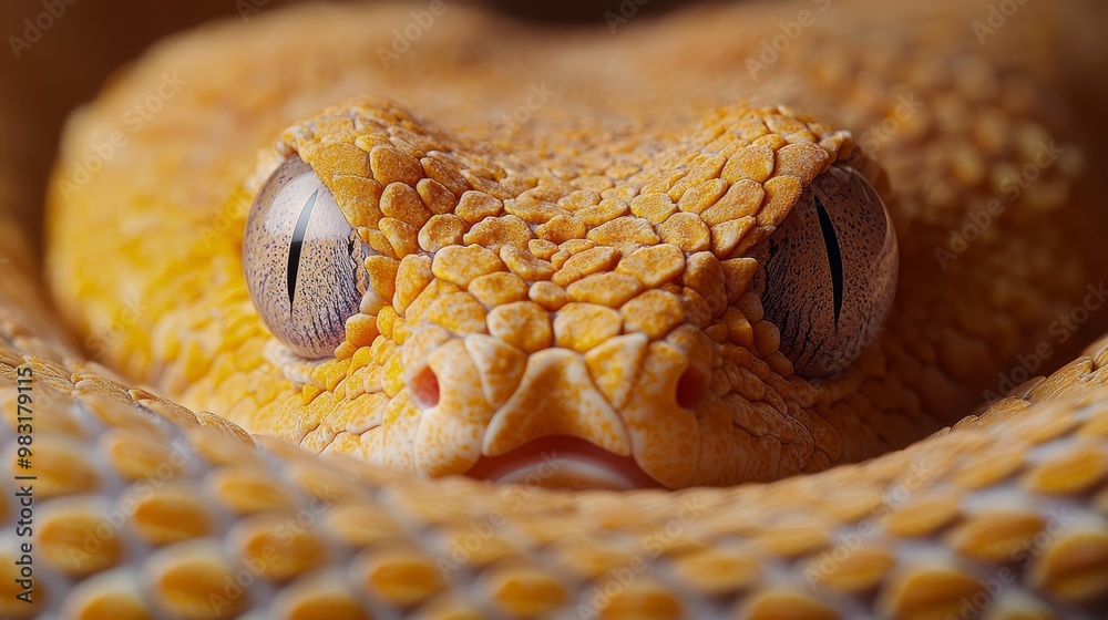 Fototapeta premium A tight shot of a yellow snake's eye, adorned with intricate patterns, alongside its patterned body and distinctive head