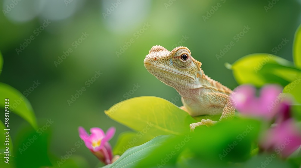 Obraz premium A chameleon atop a green plant, adorned with pink flowers, foreground Background softly blurred