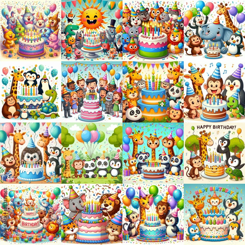 Obraz premium Happy birthday cartoon. AI generated illustration