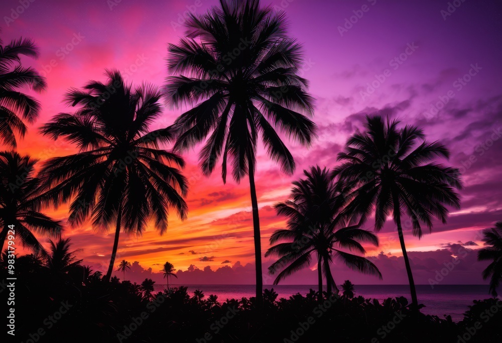 Obraz premium silhouetted tropical palm trees vibrant sunset rich colors purple creating stunning visual contrast, beach, orange, pink, nature, landscape, sky, clouds