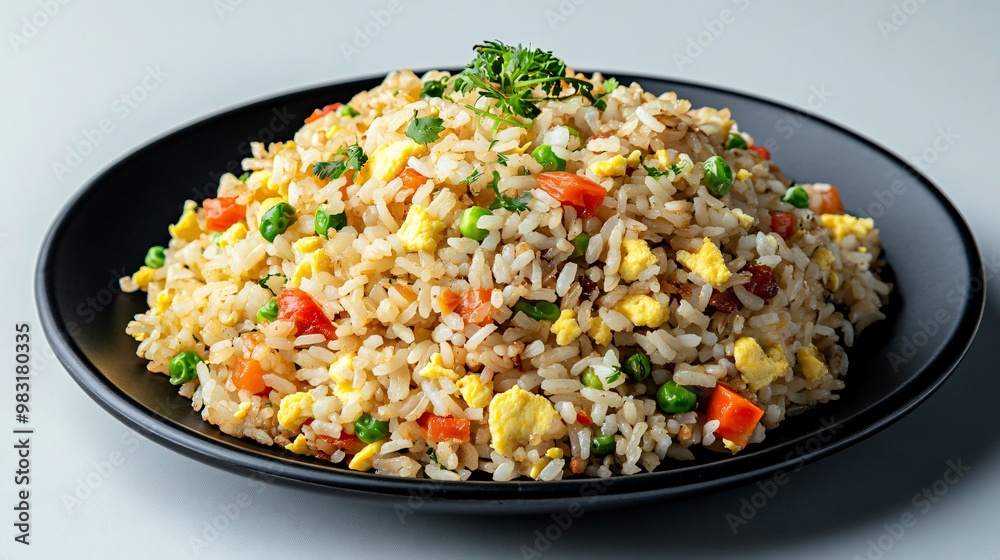 Fried rice with scrambled eggs and vegetables, isolated on a modern black plate with a light gray background Fried rice with scrambled eggs and vegetables, isolated on a modern black plate with a light gray background
