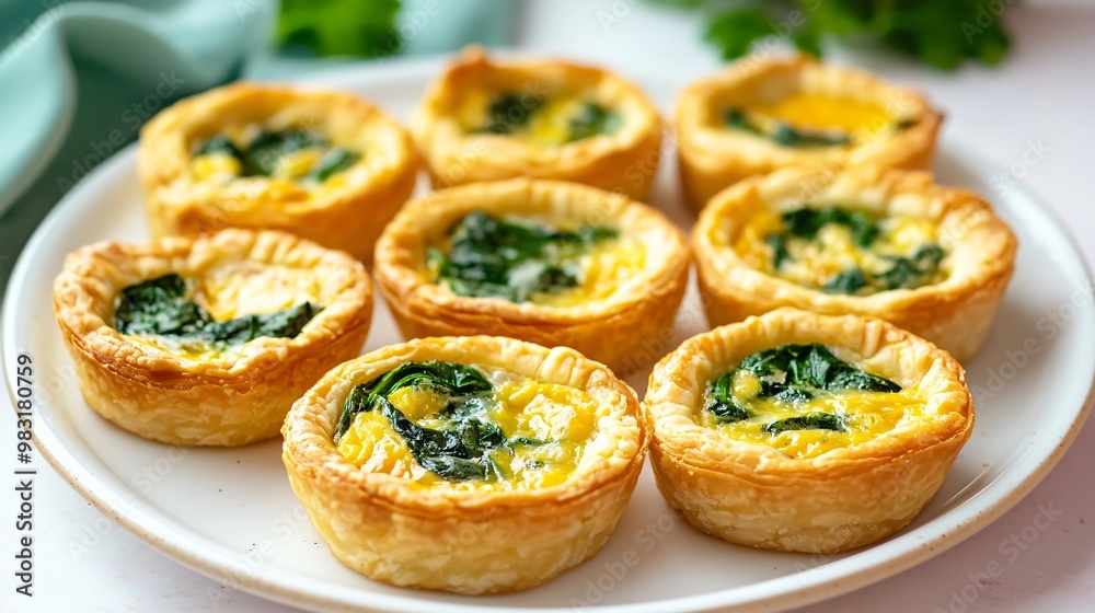 Golden egg tartlets with spinach and cheese, arranged neatly on a white plate with a modern pastel background Golden egg tartlets with spinach and cheese, arranged neatly on a white plate with a modern pastel background