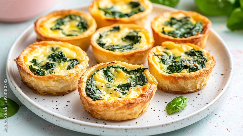 Golden egg tartlets with spinach and cheese, arranged neatly on a white plate with a modern pastel background Golden egg tartlets with spinach and cheese, arranged neatly on a white plate with a modern pastel background