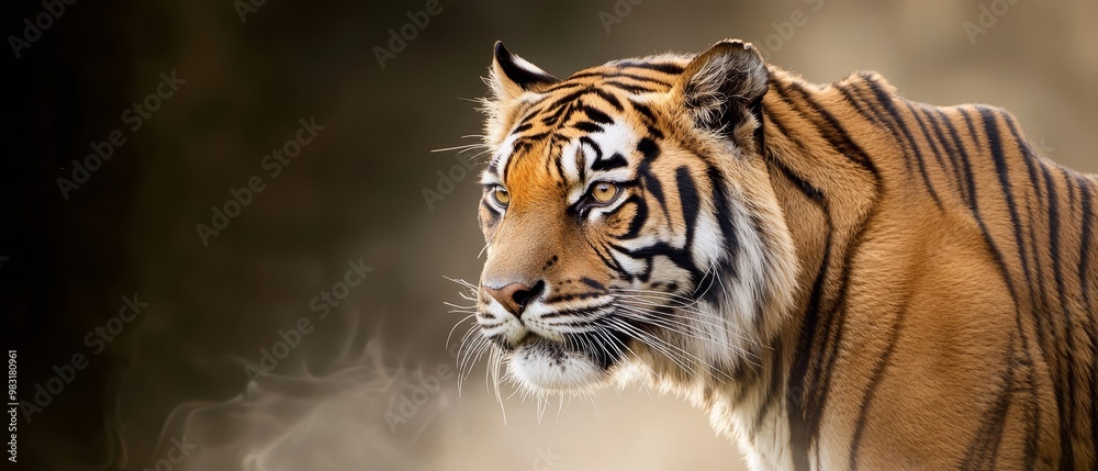 Naklejka premium A tight shot of a tiger's expressionistic face, with smoke emanating from behind it