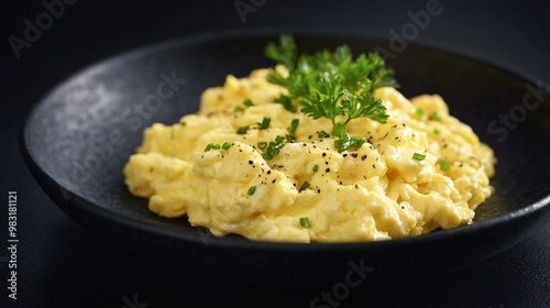 Golden soft scrambled eggs with truffle oil, served on a luxurious black plate, isolated on a dark velvet background