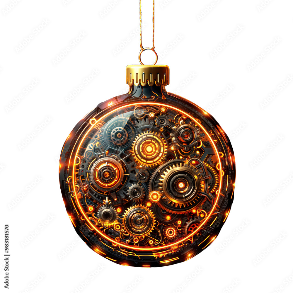 Steampunk Christmas Ornament with Gears and Neon Lights, Sci-Fi Holiday Ball