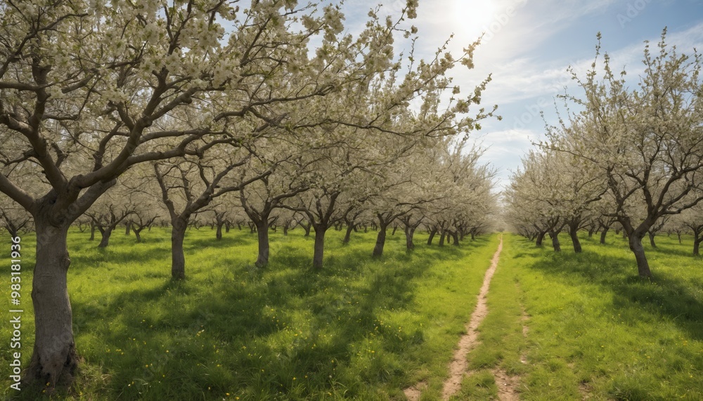 Blooming cherry trees bask in warm sunlight during a serene spring afternoon in a lush orchard Blooming cherry trees bask in warm sunlight during a serene spring afternoon in a lush orchard