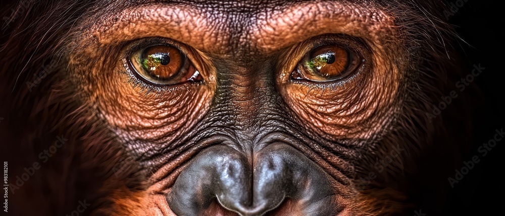  A tight shot of a monkey's expressive face, eyes fixed wide and gazing intently into the lens, set against a uniformly black backdrop