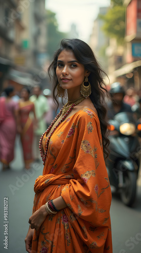  Indian Woman in Traditional Saree on a Busy City Street