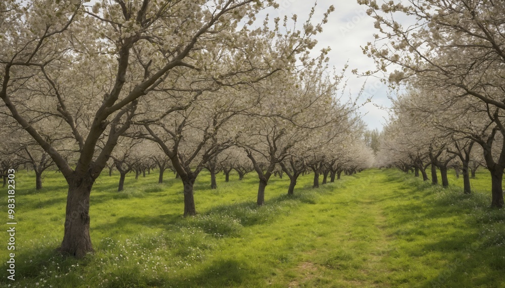 A tranquil spring day among blossoming orchard trees stretching endlessly under the bright blue sky A tranquil spring day among blossoming orchard trees stretching endlessly under the bright blue sky