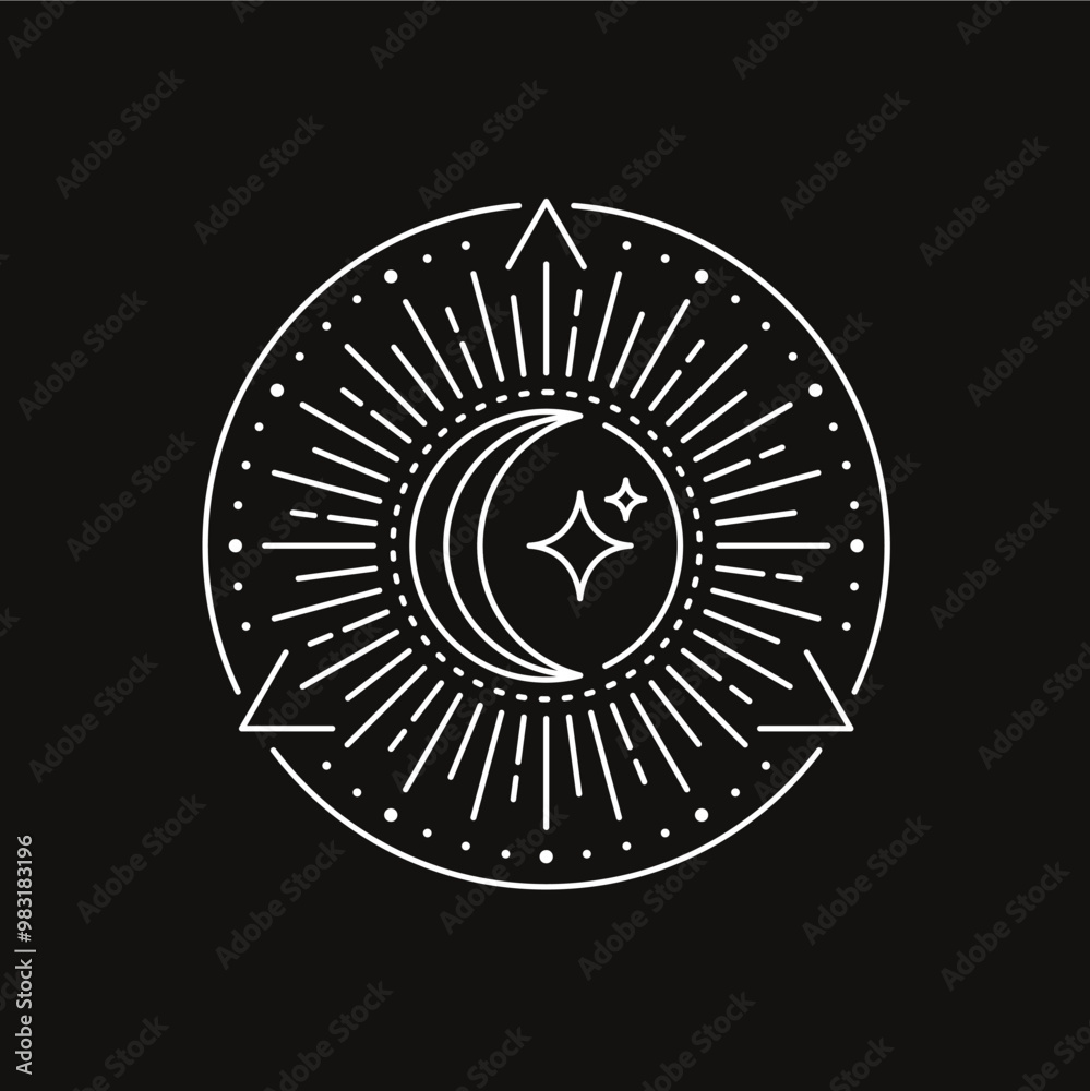 Crescent moon surrounded by stars within a circular frame with radiating lines. The design is minimalist and geometric, with a white outline against a black background Crescent moon surrounded by stars within a circular frame with radiating lines. The design is minimalist and geometric, with a white outline against a black background