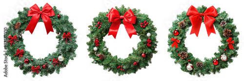 Set of christmas wreath, red ribbon bow, isolated on white background, clipping path