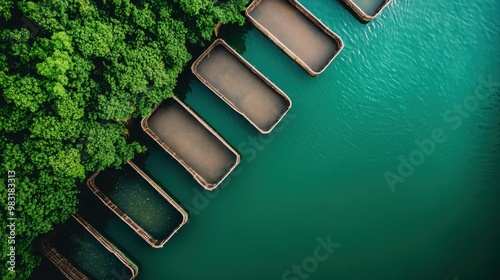 A picturesque scene showcasing floating platforms in a tranquil green-forested lagoon, illustrating a perfect blend of technology and nature's serene beauty in a seamless harmony. photo