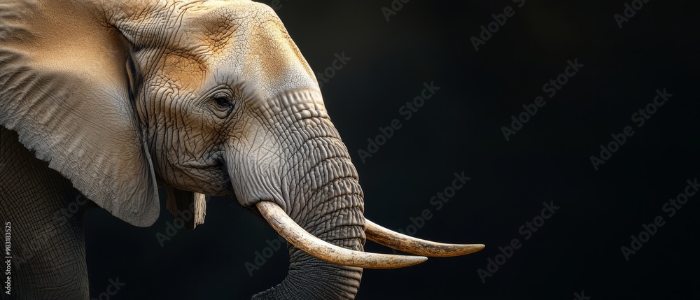Obraz premium A tight shot of an elephant's tusks against a black backdrop..Or:..Black background reveals a close-up of an elephant's curved