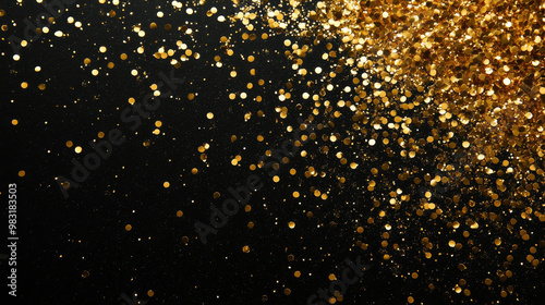 "Glittering gold confetti texture overlay falling against a black background, ideal for adding a festive touch to event decorations and celebrations."