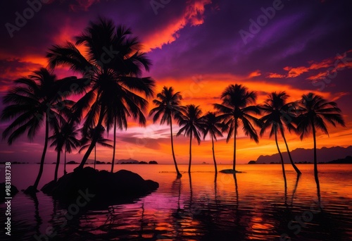 tropical oasis vibrant palm silhouettes stunning sunset background, sky, clouds, landscape, scenery, light, color, view, beautiful, tranquil, peaceful