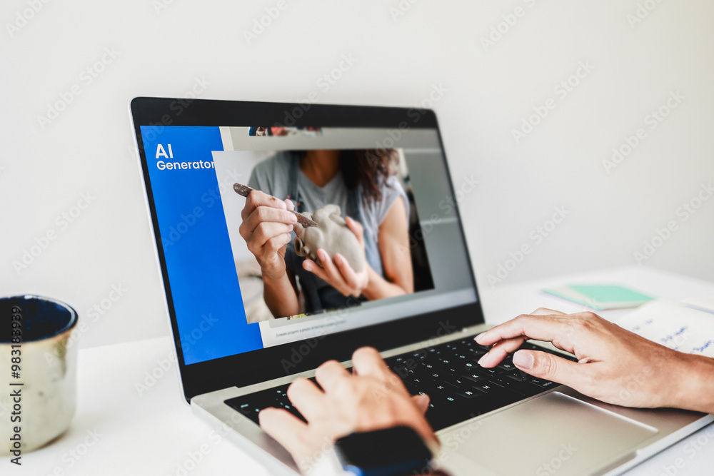 AI generative app. Chat with Artificial Intelligence software in computer at home office. Hands view of Future digital technology and copyright trend concept AI generative app. Chat with Artificial Intelligence software in computer at home office. Hands view of Future digital technology and copyright trend concept