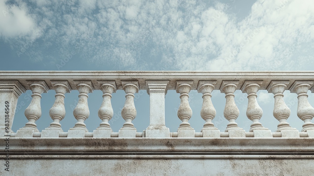 Fototapeta premium Classic concrete Italian balustrade viewed from below with ample space for copy.