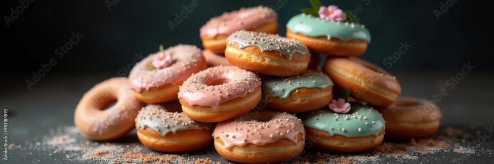 Indulge in a vibrant stack of delicious doughnuts, adorned with colorful icing and sprinkles. Perfect for bakery promotions, desserts, or food related content. Indulge in a vibrant stack of delicious doughnuts, adorned with colorful icing and sprinkles. Perfect for bakery promotions, desserts, or food related content.