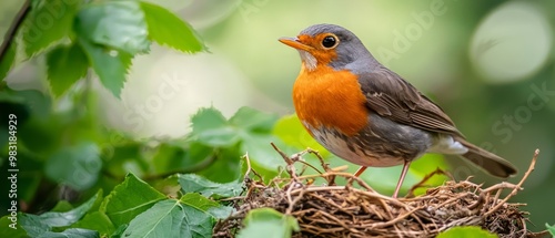  A small bird perches atop a nest in a tree's lush, green foliage