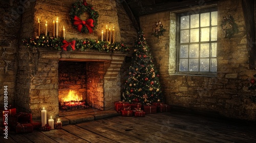 During a snowy winter evening indoors, a cozy fireplace with garlands and ribbons creates a warm atmosphere