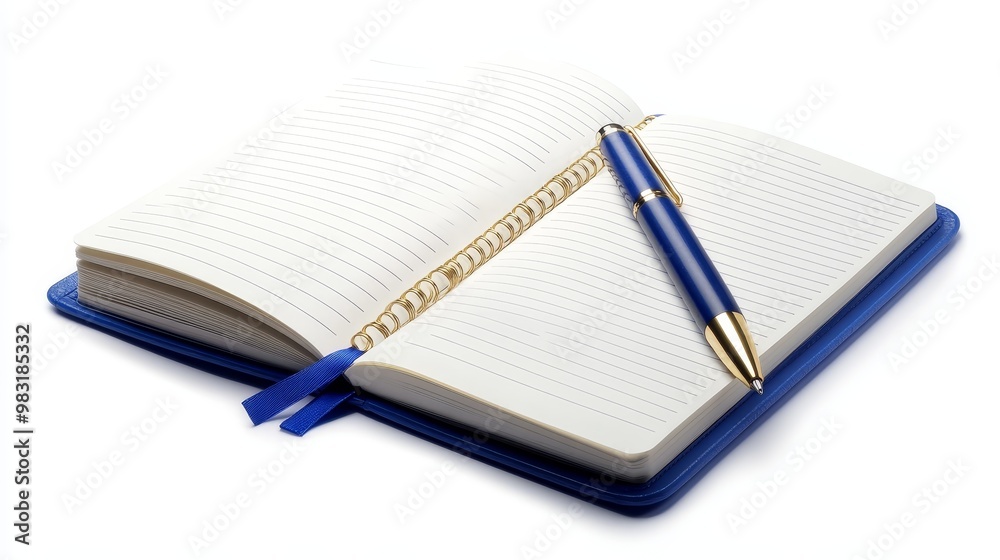 Closed and open lined notebooks in marine blue with a pen, on a white background with a clipping path. Closed and open lined notebooks in marine blue with a pen, on a white background with a clipping path.