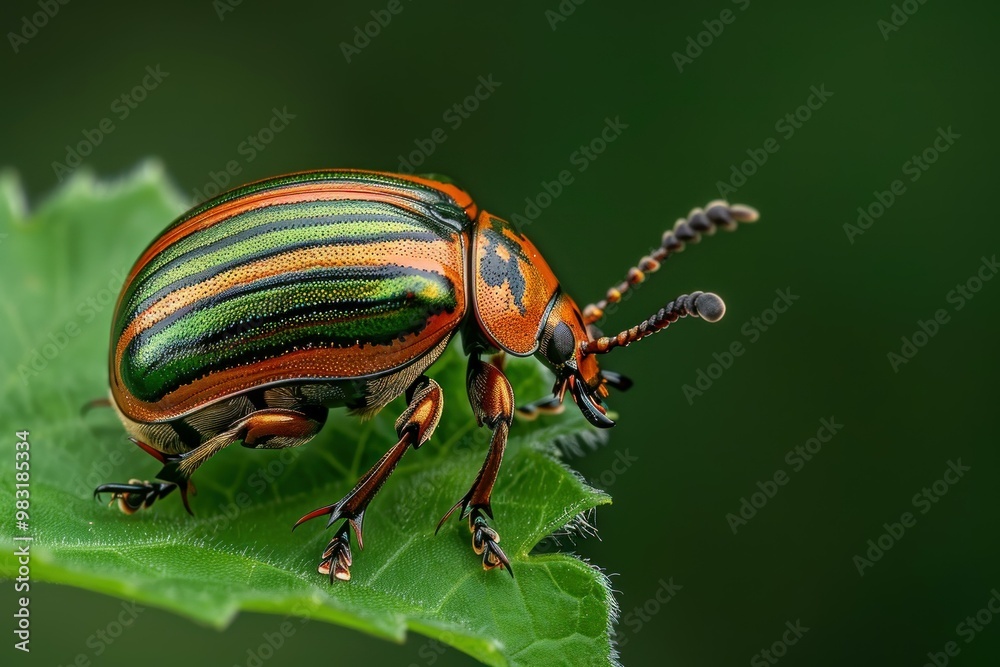 Macro shot of a colorado potato beetle standing on a potato leaf Macro shot of a colorado potato beetle standing on a potato leaf