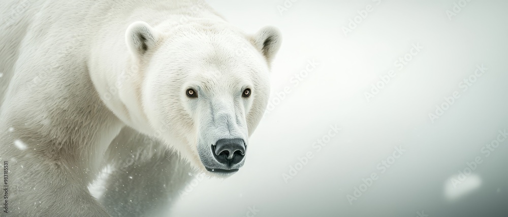 A polar bear, face smeared with snow, against a blurred background of winter A polar bear, face smeared with snow, against a blurred background of winter