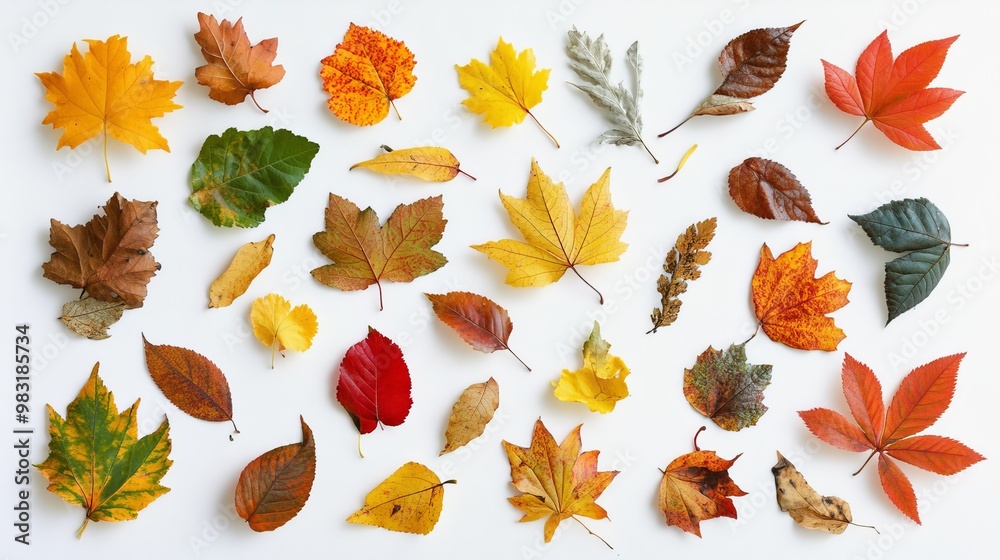 Fototapeta premium Colorful autumn leaves of various shapes and sizes lie scattered across a white background, creating a vibrant and eye-catching display.