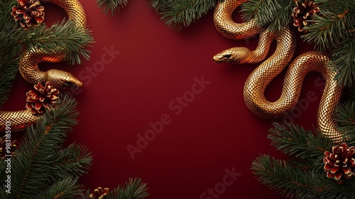 Winter arrangement with snakes intertwined with holiday decorations and greenery on a red background