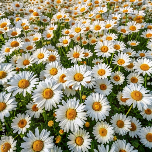 Vibrant daisies blooming abundantly in a sunny meadow during springtime. Generative AI