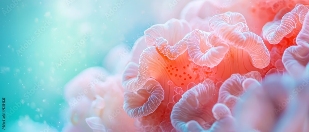 A tight shot of a pink sea anemone against a blue-pink backdrop, featuring a softly blurred sky A tight shot of a pink sea anemone against a blue-pink backdrop, featuring a softly blurred sky