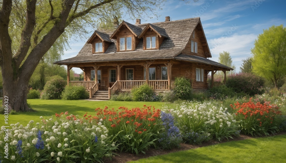 A charming wooden house surrounded by blooming gardens in a picturesque neighborhood during a sunny spring afternoon A charming wooden house surrounded by blooming gardens in a picturesque neighborhood during a sunny spring afternoon