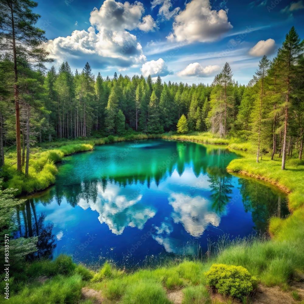 Tranquil blue lake surrounded by lush green forest under a vibrant sky. Generative AI Tranquil blue lake surrounded by lush green forest under a vibrant sky. Generative AI