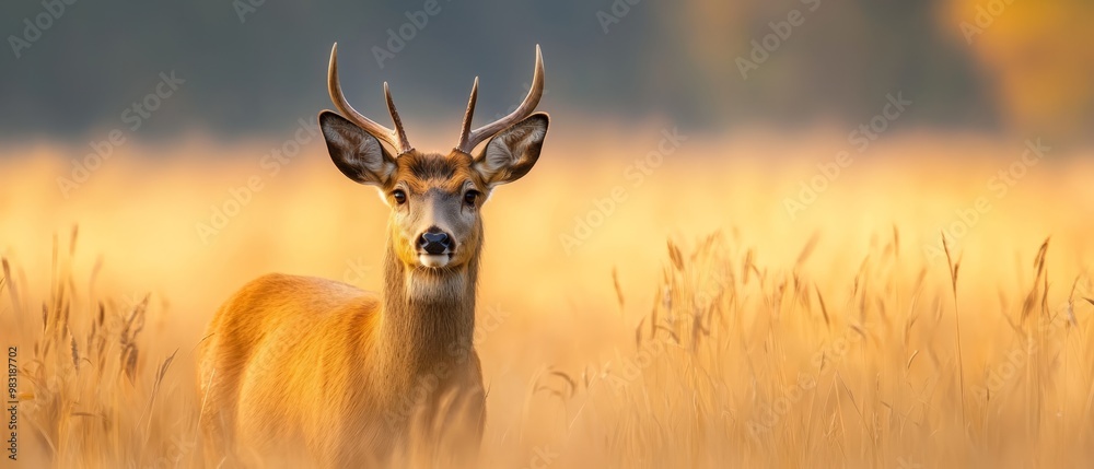Obraz premium A deer in a field, nose close-up, bathed in sunlight filtering through tall grass, sun illuminating its head