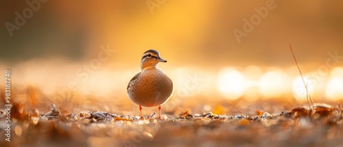  A tight shot of a bird among grassy foliage, leaves scattered beneath, indistinct backdrop photo