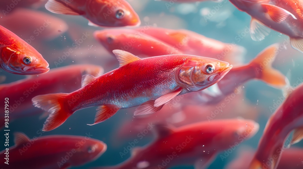 Fototapeta premium A large school of small and larger red fish swimming together